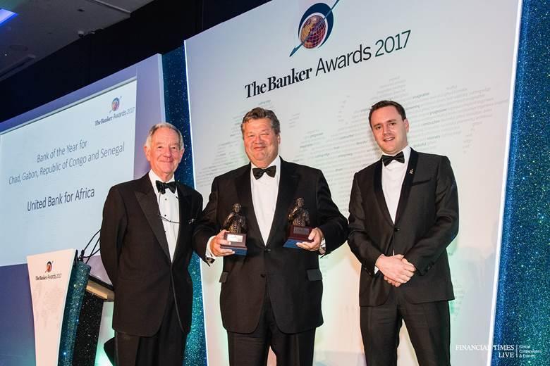 l-r: Former British Broadcasting Corporation(BBC) correspondent, Mr. Michael Buerk; Chief Executive, UBA Capital(Europe) Limited, representing UBA Group, Mr. Andrew Martin; and Editor, Middle East and Africa, The Banker. Mr. James King, during The Banker Awards 2017, organised by The Banker Magazine, a publication of Financial Times(FT), where UBA Group coveted five awards, including the prestigious ‘African Bank of the Year 2017’, at a ceremony in London on Wednesday