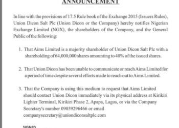 Union Dicon Salt Plc calls on Aims Ltd. after 40% stakeholder goes silent