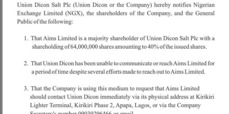 Union Dicon Salt Plc calls on Aims Ltd. after 40% stakeholder goes silent