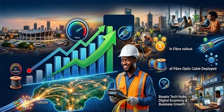 Please construct business journalism images from this 'Fibre boom lifts Nigeria’s median broadband speed 155% to 34.47 Mbps