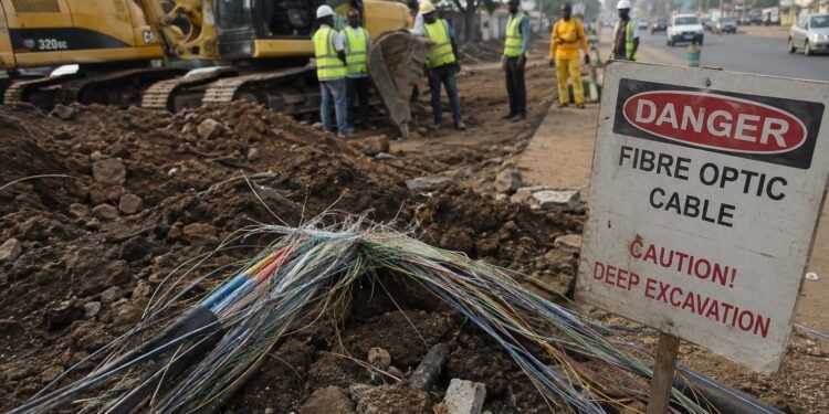 Please construct a realistic image from this headline "5,000 fibre cuts put Nigeria’s digital connectivity on construction frontline