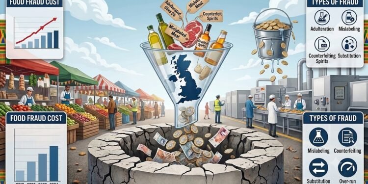 Please construct an image from this headline "Food fraud drains up to £2bn from UK economy
