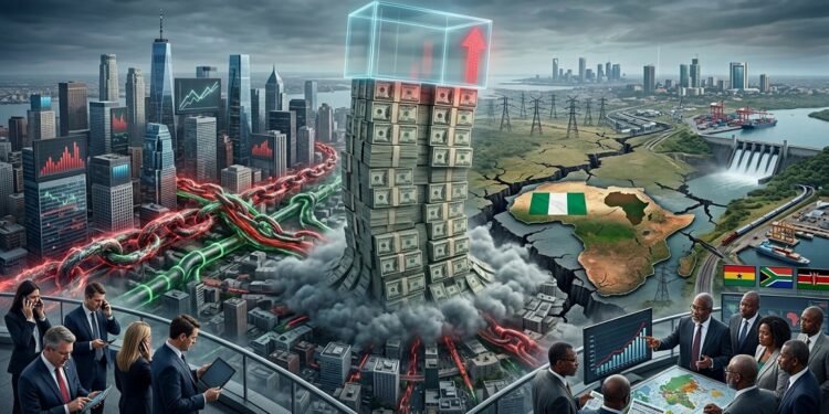 Please construct an image from this headline "US’s spiralling $40trn debt hold risks for Nigeria, Africa
